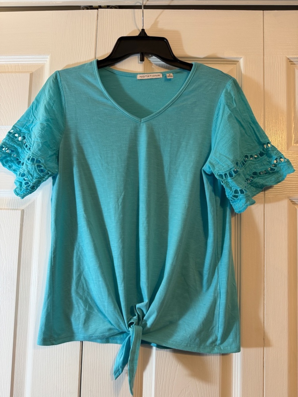 Notations Turquoise V-Neck Tie-Front Top with Crochet Trim Sleeves